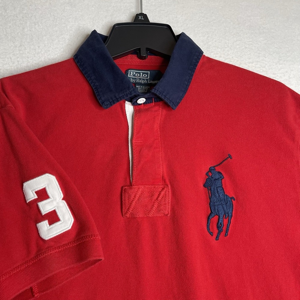 Polo Ralph Lauren Rugby Shirt Mens L Red Big Pony 90s Rubber Button #3 Vintage